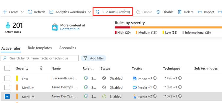 Sentinel Analytics blade - select Rule Runs at the top.